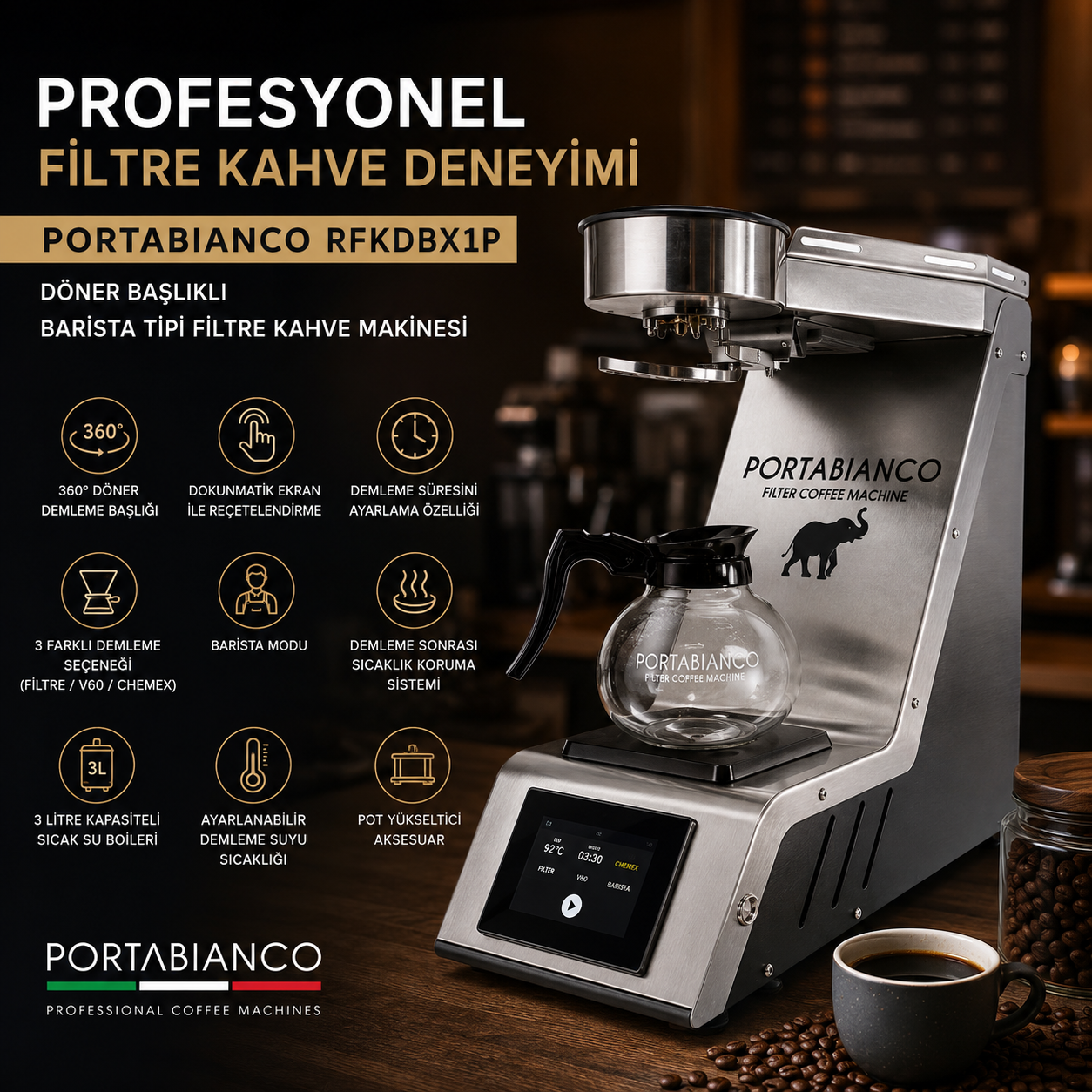 Portabianco RFKDBX1P Döner Başlıklı Filtre Kahve Makinesi ile Profesyonel Demleme Deneyimi